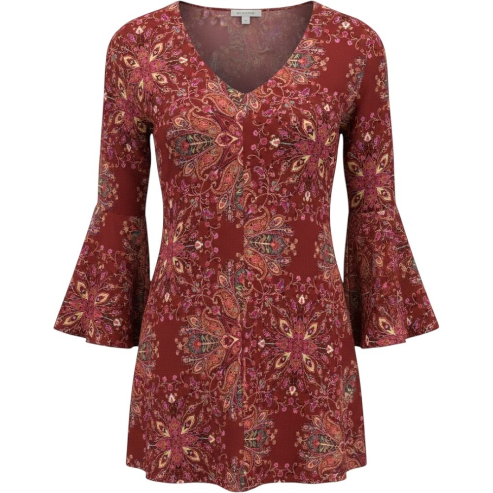 Altar State Satori Paisley Bell Sleeve Mini Dress Rust Red Boho V-Neck Small
